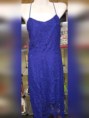 #48 Sleeveless Cobalt Blue Lace Midi Dress with Spaghetti Straps